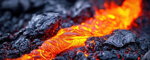 Wall Mural - Lava flow, glowing orange and black rocks, natural volcanic landscape.