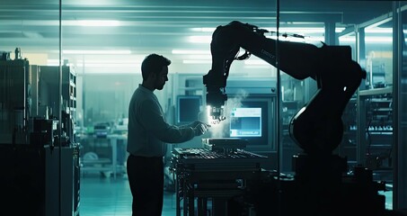 Poster - A Man Working with a Robotic Arm in a Factory
