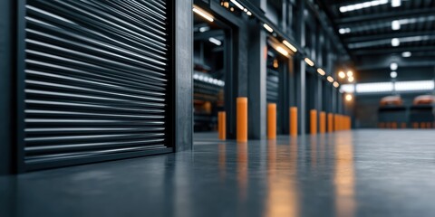 Poster - efficient loading solutions roller shutter doors in modern factory warehouse industrial environment 
