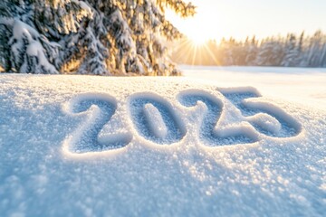 Canvas Print - A snow-covered field with a tree in the background, Happy New Year 2025