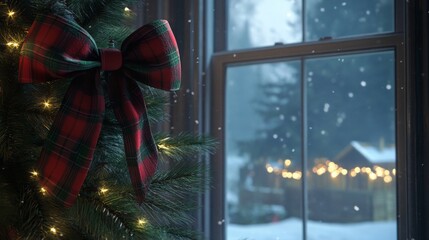 Poster - A vibrant Christmas tree adorned with lights and a large red plaid bow stands near a window. Outside, snowflakes gently cascade as a charming cabin glows warmly in the distance.
