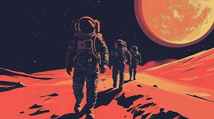 Wall Mural - three astronauts walking on a red planet