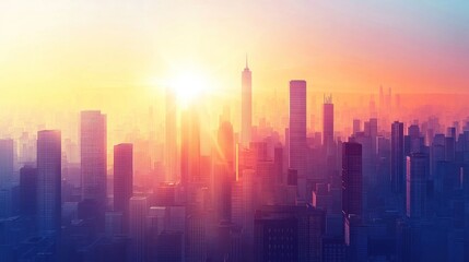 Wall Mural - A panoramic view of a city skyline at sunrise with the sun shining brightly over the buildings.