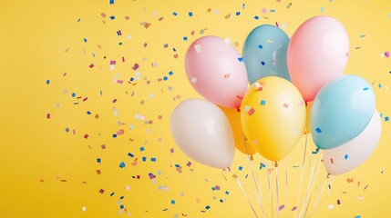 Poster - Bright yellow backdrop with a white border and pastel balloons complemented by scattered confetti for a celebratory birthday atmosphere