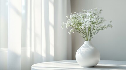 Poster - Stylish white vase featuring delicate flowers on a table beside a bright window