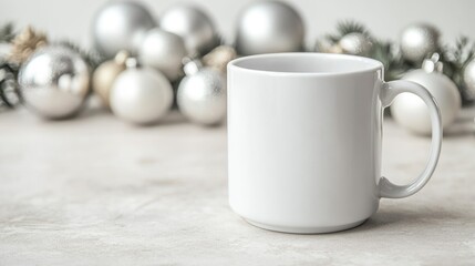 Poster - Blank white mug mockup featuring silver Christmas ornaments on a light concrete background Seasonal arrangement with side view and ample copy space