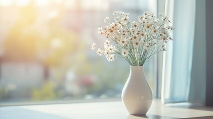 Poster - Stylish white vase featuring delicate flowers on a table beside a bright window