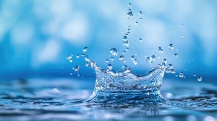 Poster - A dynamic image of water splashes with droplets suspended in mid air set against a vivid blue backdrop