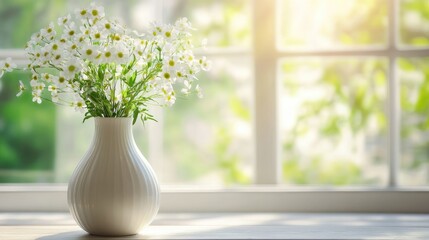 Poster - Stylish white vase featuring delicate flowers on a table beside a bright window