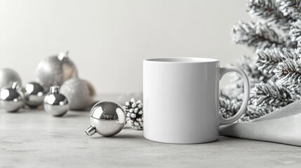 Poster - Blank white mug mockup featuring silver Christmas ornaments on a light concrete background Seasonal arrangement with side view and ample copy space