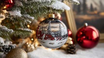 Poster - A glass Christmas ornament hangs from a snowy pine tree branch. The ornament depicts a snowy winter scene with trees and a small village. Other ornaments are visible in the background.