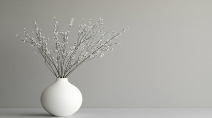 Poster - Delicate White Vase Holding Pussy Willows on a Gray Surface