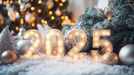 Aufkleber - The scene features glowing numbers arranged to display 2025, surrounded by shimmering ornaments and a cozy, fluffy surface. The backdrop is filled with elegant Christmas trees adorned with lights.