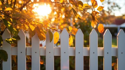 Poster - Sunlight streams through leaves illuminating a white picket fence