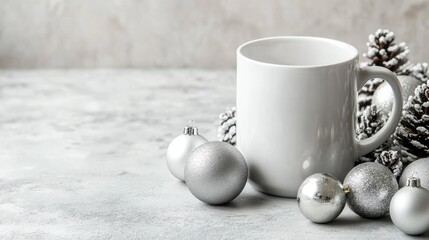 Poster - Blank white mug mockup featuring silver Christmas ornaments on a light concrete background Seasonal arrangement with side view and ample copy space