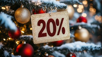 Poster - A beautifully decorated Christmas tree adorned with golden and red ornaments is showcased with a sparkling 20 percent discount sign hanging among the branches, creating a festive atmosphere.