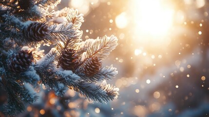 Wall Mural - A stunning winter landscape showcasing snow laden pine branches pinecones and radiant sunlight streaming through glistening snowflakes