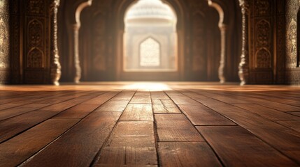 Poster - Brown wooden floor texture with an elegant mosque backdrop An abstract hardwood photography concept featuring a light gradient ideal for product montage and mockup displays