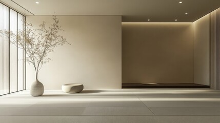 Poster - Minimalist interior design featuring zen elements and a neutral color palette showcasing luxurious oriental aesthetics with ample empty space