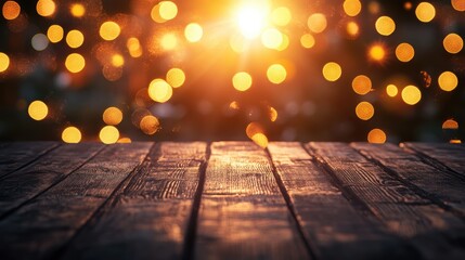 Poster - Charming holiday ambiance with festive bokeh lights on a winter evening Abstract design featuring bokeh effects on a rustic wooden surface
