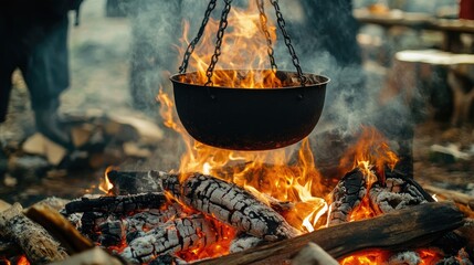 cooking pot suspended above a lively fire illustrating the concept of roasting food