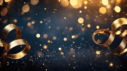 Poster - Golden ribbons on a dark festive background adorned with bokeh light effects