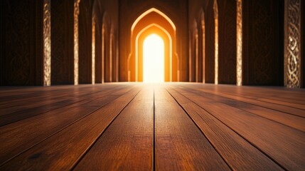 Poster - Brown wooden floor texture with an elegant mosque backdrop An abstract hardwood photography concept featuring a light gradient ideal for product montage and mockup displays