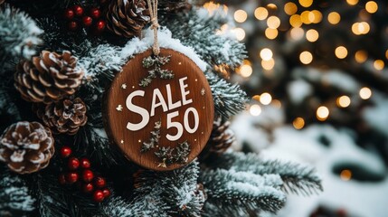 Aufkleber - A wooden sale sign displaying a 50 percent discount is prominently featured on a frosted Christmas tree.