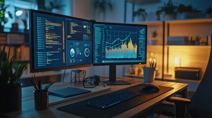 Poster - Modern Workspace with Dual Monitors and Data Visualization