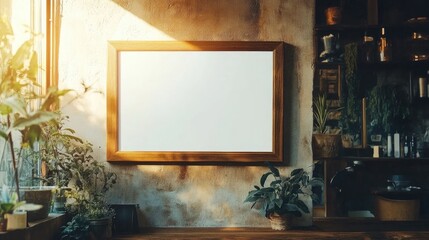 Poster - Wooden frame sign mockup featuring a white blank center ideal for showcasing designs or advertisements on a blank billboard