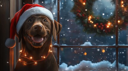 Poster - A happy brown dog is adorned with a Santa hat and twinkling lights, sitting by a snowy window.