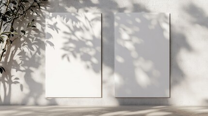 Poster - Two blank white vertical poster or card mockups cast soft tree leaf shadows against a light grey concrete wall background Flat lay perspective