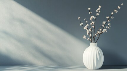 Poster - Delicate White Vase Holding Pussy Willows on a Gray Surface