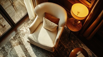 Poster - Cozy modern interior featuring a luxurious armchair soft carpet and a warm atmosphere showcasing a top down perspective of the inviting space