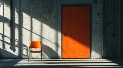 Poster - A solitary chair in a vacant space featuring a bright orange door and sunlight creating shadows