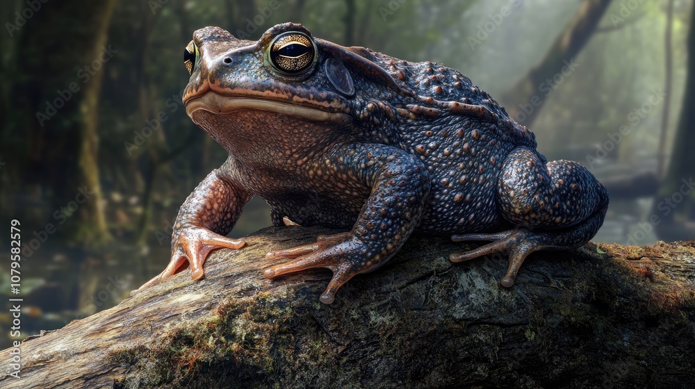Aga toad bufo marinus perched on a tree log an amphibian species found ...