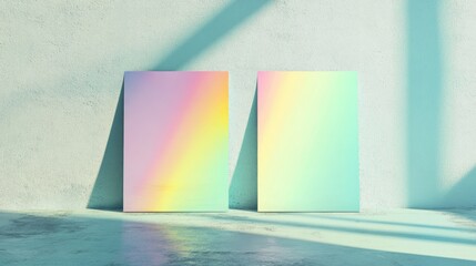 Poster - Two blank vertical and horizontal A4 poster and business card mockups featuring an overlay of rainbow light refraction effects and shadows on a mint blue concrete backdrop