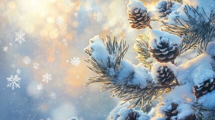 Wall Mural - A stunning winter landscape showcasing snow laden pine branches pinecones and radiant sunlight streaming through glistening snowflakes