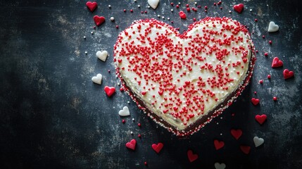 A heart shaped cake adorned with red and white sprinkles set against a rustic dark backdrop surrounded by small heart decorations