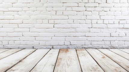 Poster - White brick wall paired with a light wooden floor offering ample space for text placement