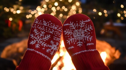 Aufkleber - Cozy red mittens with snowflake designs are held up against a backdrop of a softly glowing fire and a beautifully lit Christmas tree, creating a warm holiday atmosphere during wintertime.