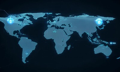 Blue glowing world map showing two highlighted regions. Suitable for presentations, educational materials, global statistics, geography projects, digital backgrounds.