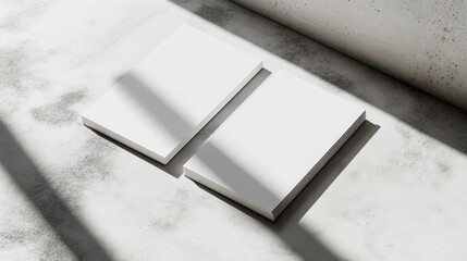 Poster - Two blank vertical rectangle price list or menu mockups with soft shadows stacked on a neutral light grey concrete surface Flat lay perspective