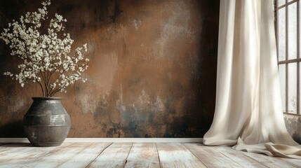 Poster - Stylish empty interior mock up featuring a distressed brown wall wooden flooring and a linen curtain