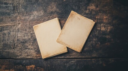Poster - Two empty cards business cards tickets flyers invitations coupons banknotes etc resting on a dark wooden surface