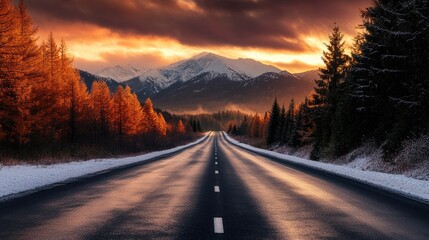 Poster - Serene asphalt road surrounded by stunning mountain scenery during a sunset High quality image captures the beauty of nature