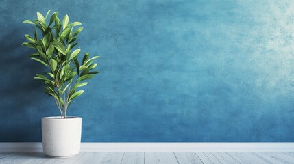Poster - Empty room with a blue wall featuring a green plant in a vase