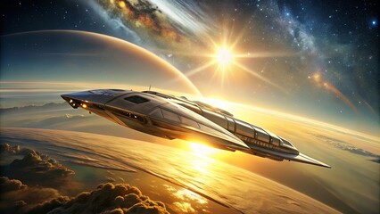 Wall Mural - a futuristic spacecraft navigates the celestial expanse, soaring above a planet bathed in the golden