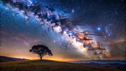 Wall Mural - silhouetted tree standing tall against a canvas of infinite stars and nebulas in the milky way galax
