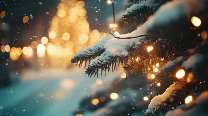 Poster - Christmas tree branches covered with snow and bokeh lights background. - Generated AI